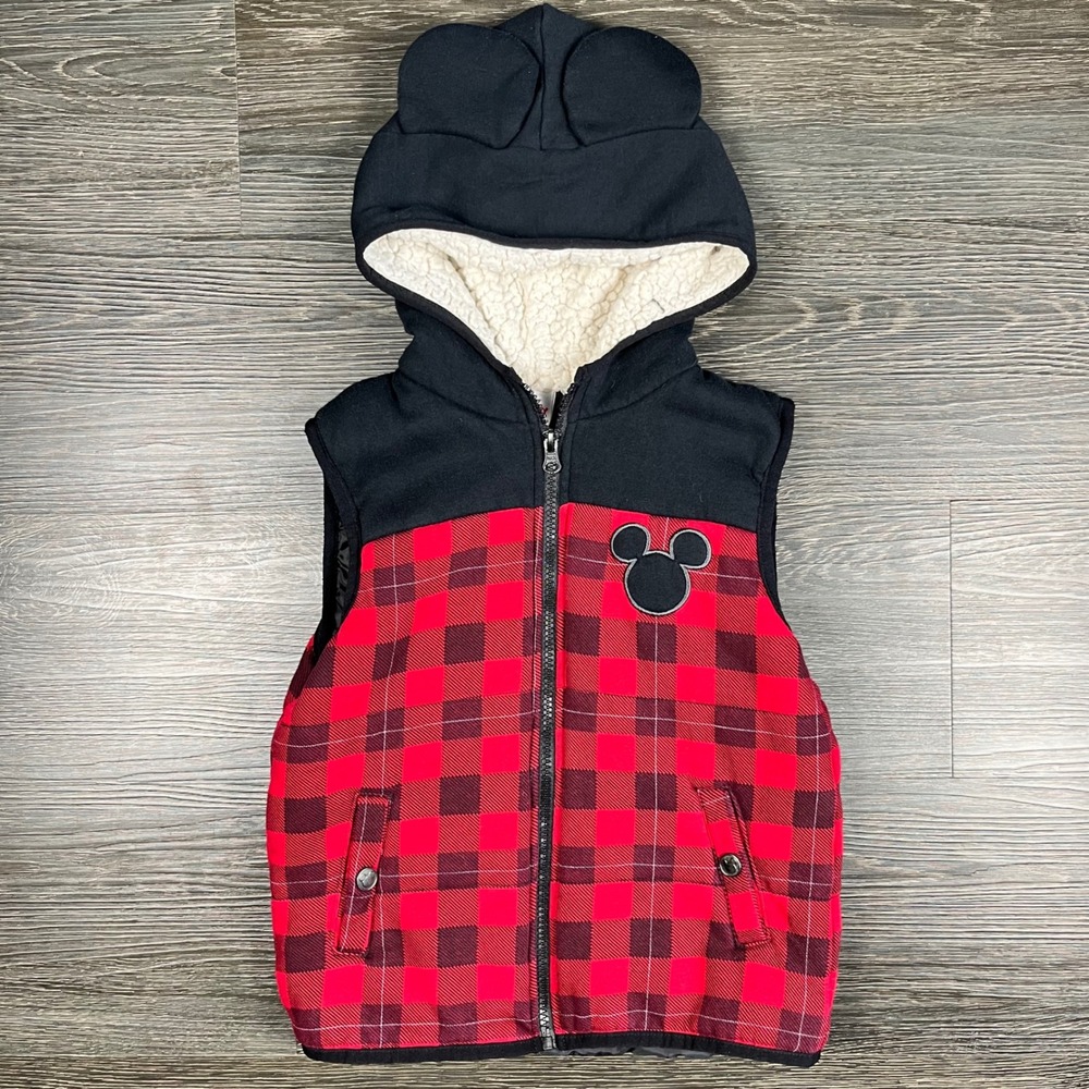 Disney Mickey Mouse Kids Red Buffalo Plaid Hooded Puffer Vest Ears Size 6 Unisex